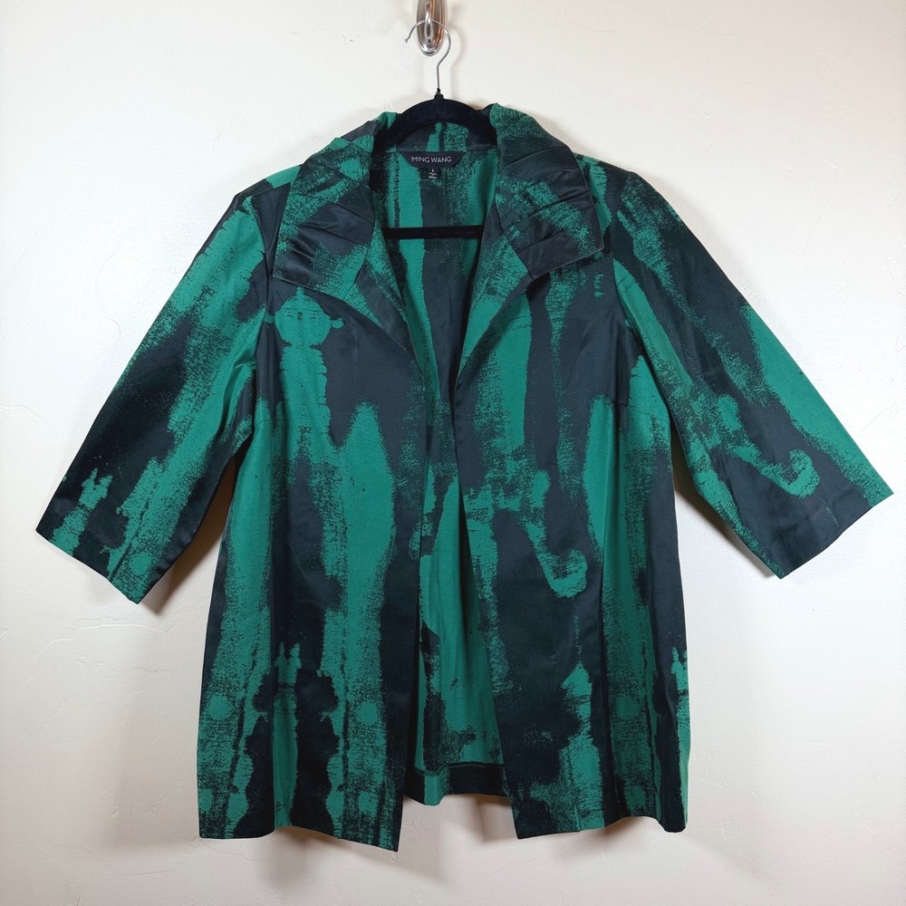 Ming Wang Abstract Print Open Front Jacket Women's L Green Black Cotton Office